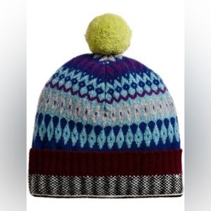 NWT! Burberry Fair Isle Pom Pom Blue Beanie
